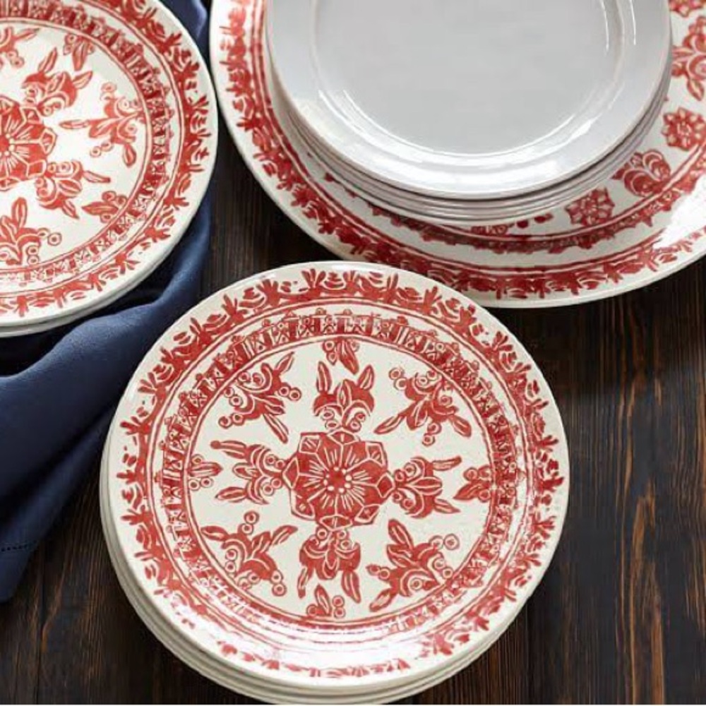 New Pottery Barn Zamora Glazed StonewarevDinner Plates, 10”D, Red/White- S/2 #2